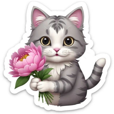 Cute cat Handing pink peonies like reaching a hand and handing them out a bouquet of them not a physical hand the cats hand  make the cat fluffy and grey and white fluffier fluffier  sticker