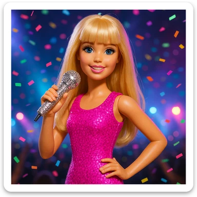Pretty and girly Blonde pop star with bangs, holding a bedazzled microphone, reimagined as a Barbie doll, with a nighttime concert backdrop with colorful confetti sticker
