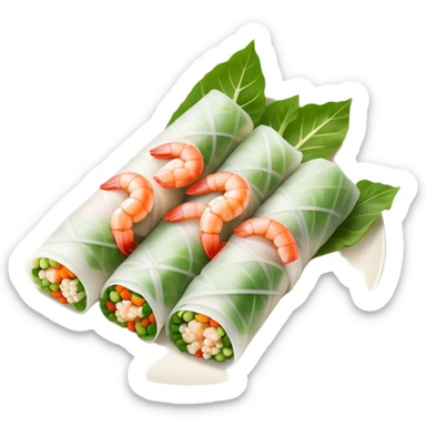 Cinematic Realistic Vietnamese Summer Rolls Dish Emoji, depicted with delicate rice paper wraps filled with fresh vegetables and shrimp rendered with crisp textures and refreshing lighting. sticker