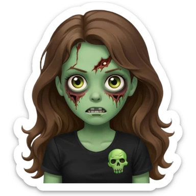 crie uma garotazoombie cabelo ondulado 2c longo castanho castanho comprido e blusa básica preta sem nada com pele esverdeada com rosto fofo sticker