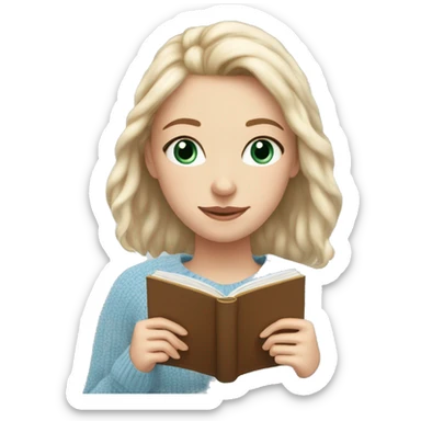 Pretty hazel eyed white girl with light blue sweater reading cozy sticker