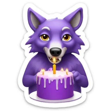Purple, anthropomorphic wolf blowing out birthday candles sticker