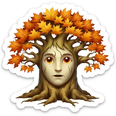 An ancient, psychic tree evolves by absorbing the essence of fallen autumn spirits, sprouting a radiant, maple-crowned face that channels both forest wisdom and fiery seasonal magic through its gnarled, all-seeing trunk. sticker