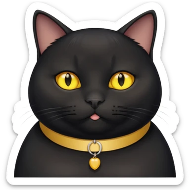 Un gato negro gordito con los ojos de color amarillos sentado con un collar que diga: waina michi sticker