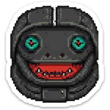 sackface with patches, buttons for eyes, and detailed zipper mouth sticker