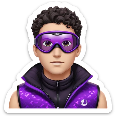 close-up of male athlete with white skin and moderately curly dark brown hair on top with shaved sides, wearing ski goggles with purple frames and very dark black lenses, a simple plain black chain necklace, and a completely unzipped sleeveless vest with purple and black sequin fire pattern design with no logo, frame centered on face and upper chest sticker