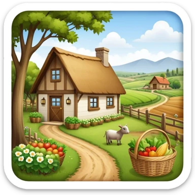 Icon for Rural Tourism: a peaceful countryside scene with a wooden cottage, a dirt path, grazing animals, and a basket of fresh produce. The icon should represent the tranquility and charm of rural life. Transparent background. sticker