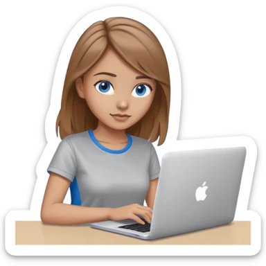 Beautiful programmer girl with long light brown hair and blue eyes working with MacBook. Wearing a grey coder t-shirt sticker