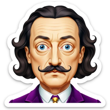 Cinematic Realistic portrait of Salvador Dalí, depicted as a surrealist artist with eccentric, expressive features and his iconic mustache, rendered with vibrant, imaginative lighting and richly detailed period attire that capture his avant-garde essence. sticker