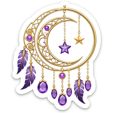 Epic beautiful gorgeous cute gold suncatcher, threads with shiny sparkly amethyst gemstones, flowers, crescents-moons, stars, violet Feathers  sticker