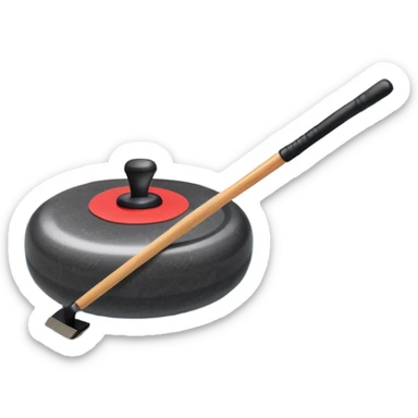 An icon featuring a curling stone in the foreground on an ice sheet with marked target circles. A curling broom rests nearby. In the background, a grand indoor stadium with bright lights and cheering fans. The ice reflects the vibrant colors of the surroundings. Transparent background. sticker
