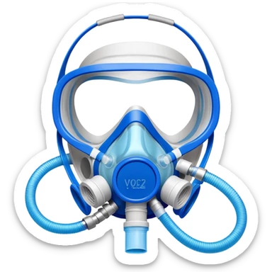 Close-up of blue VO2 max testing mask with breathing tubes and valves, no person wearing it sticker