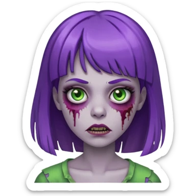 Zombie girl, with bangs above her eyebrows, purple highlights in her dark blonde hair, thin eyebrows. sticker