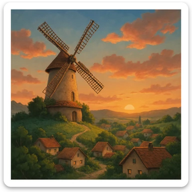 Windmill turning slowly in a quiet hill village at sunset. sticker