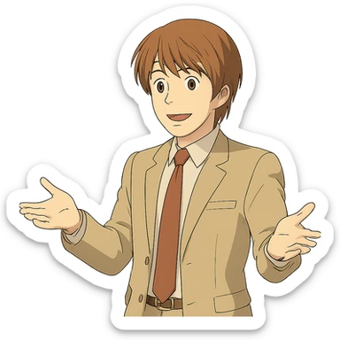 Create an exact Light Yagami in Ghibli style, standing with both hands open in a welcoming gesture, wearing the same suit, with the same confident expression, transparent background. sticker
