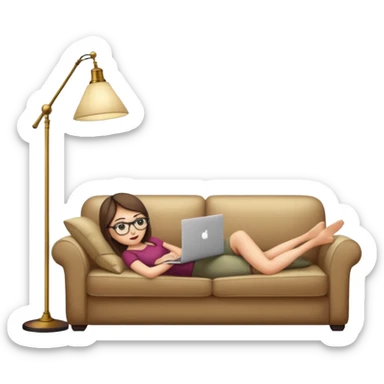 A girl is working with a laptop while lying on a sofa, with a floor lamp to the right. sticker