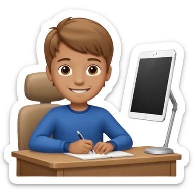 Little nice boy straight a student light brown hair tan skin sitting in desk with a big smile sticker