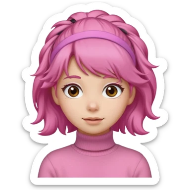 brown fluffy haired girl with pink turtleneck sweater and pink hair band sticker
