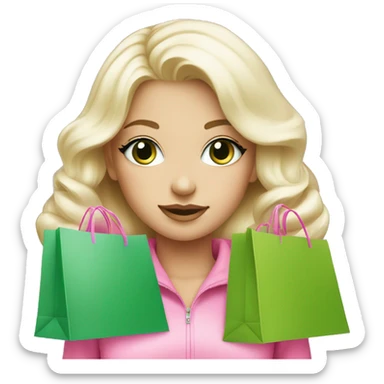 cute platinum blonde with green eyes surrounded by pink shopping bags sticker