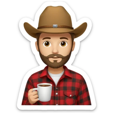 generate an ios genmoji of a 20 year old tan boy with a cowboy hat and side burn beard. Wearing a flannel and carrying a coffee mug sticker