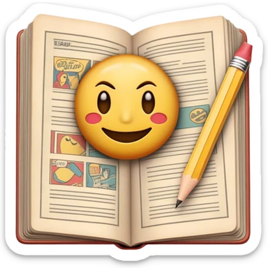 Create a detailed emoji representing the process of writing texts for comic books. The design should feature a large, open comic book with vintage comic strips visible on its pages. A pencil should be shown writing text on one of the comic panels, but without a hand. The pencil should appear as though it is actively creating the dialogue or narration. Use a classic color palette with muted tones for the comic book and brighter accents on the pencil to draw attention to the writing process. Do not include any emojis or smiley faces. Make the background transparent. sticker