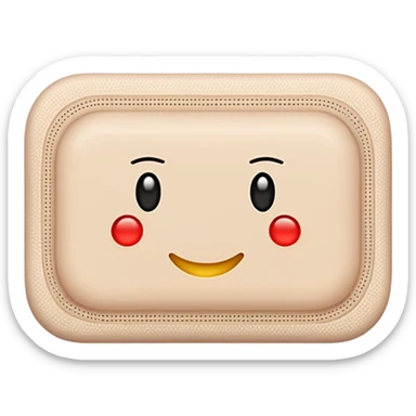 single adhesive bandage in light beige tone, rectangular with rounded edges, small padded center, slightly textured surface, subtle perforation dots on each end, positioned flat, no skin or wound, soft lighting, subtle shadows, emoji scale sticker