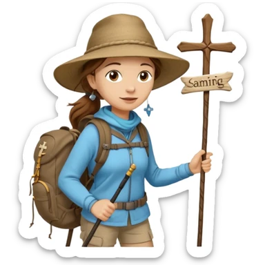 Middle aged women, long brown hair in ponytail with wide brim hiking hat. Walking with backpack and trekking poles. Backpack gas a scallop shell with the cross of saint james hanging from it. She is a pilgrim on the Camino Frances on her way to Santiago de Compostela sticker