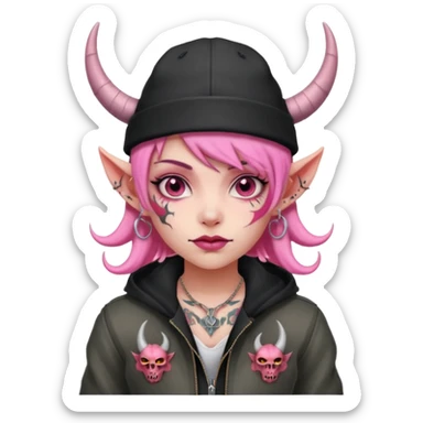 pink girl demon with tattoos, hat, jacket and horns sticker