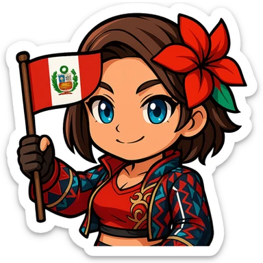 Azucena from Tekken 8 in chibi sticker style, holding a Peruvian flag with a proud expression, wearing the detailed red and patterned outfit from the reference images, designed for Twitch emote use. sticker