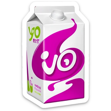 Create a 1:1 image in the style of a realistic 3D icon. The subject is a milk carton on a white background, but instead of milk, it contains yogurt. The carton is colored magenta and bright lime, with an abstract design resembling swirling, mixed liquids. On the front face of the carton, the word 'YO GU RT' is written vertically in syllables using a flat, square-shaped font in white. The letters cover approximately 97% of the front surface. The cap is white. Bright lighting falls on the carton. Close-up shot. The focus is on the carton. sticker