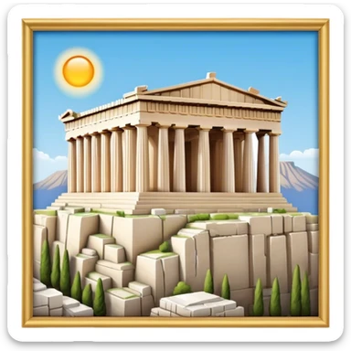 Cinematic Realistic Acropolis Landmark Emoji, showing the Parthenon standing proudly atop the Acropolis hill, with its marble columns glowing under the warm Athenian sunlight against a blue sky. sticker