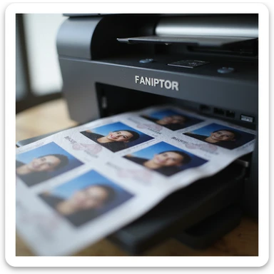 realistic thumbnail image for a passport photo printing service, showing a modern printer outputting a sheet of passport photos, with the focus on the printer and photos only sticker