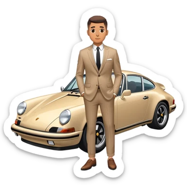 one entrepreneur with a mid fade hair style standing near his Porsche 911. the body of the guy is fully visible  sticker