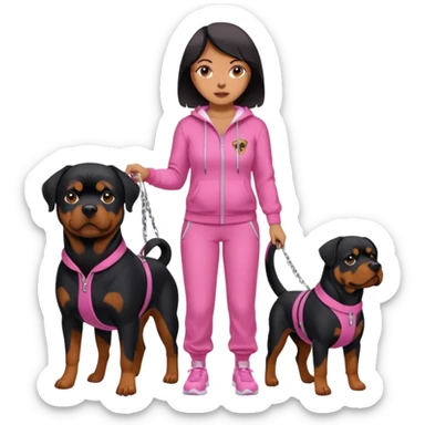 Big Rottweiler on leash held by woman in all pink track suit sticker