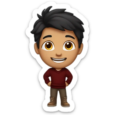 smiling and pointing 3 years old white skin indian with black hair wearing a dark red sweater sticker