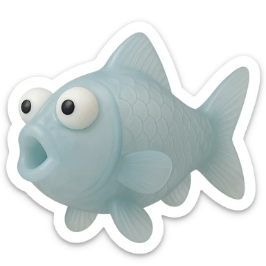 Make the fish's body much more transparent so you can clearly see through it. Keep the semi-transparent blue plastic, derpy eyes, and retro 90's toy look. No background. Hyper-detailed, soft plastic, soft reflections, soft and squishy, some cloudiness, not shiny, highly detailed, appealing. The style should reflect a retro 90's toy with semi-transparent blue plastic and derpy eyes, emphasizing transparency and softness. sticker