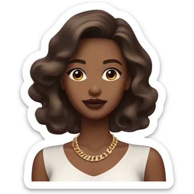 Girl with brown cateyes and a white skin tone long eyelashes with long dark brown hair in a side parting in a wavy/blowout effect style wearing white scoop neck top and wearing a gold necklace and has plump light pink glossy lips sticker