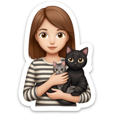 tan brown-haired girl holding two cats, one black cat and one grey-striped cat sticker
