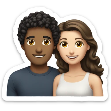 Hispanic male with black curly hair and brown eyes smiling next to white female with straight brown hair and hazel eyes sticker