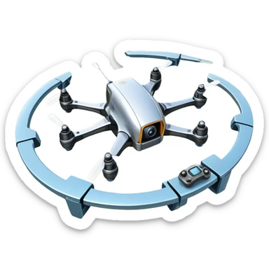 An icon showing a racing quadcopter drone in the foreground, flying at high speed through a course filled with obstacles and checkpoints. Other drones zoom in the background over a dynamic landscape. Transparent background highlights the thrill and precision of drone racing. sticker