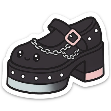Add silver studs and chains to the primarily black kawaii gothic shoes with pink and pastel accents, no socks, no hearts, transparent background sticker
