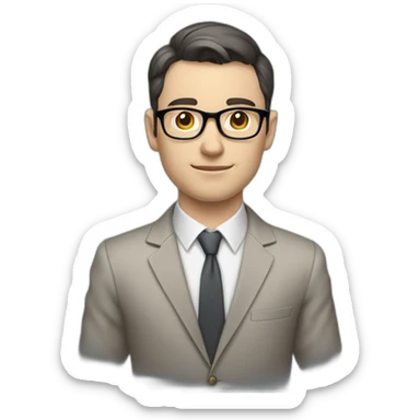 Full height Pale skinned Fit Man With dark brown hair in classic gray suit, beige office shirt, dark gray tie, and vintage glasses. His right hand is directed up sticker