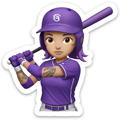 Softball player in purple uniform batting with a full arm sleeve tattoo on left arm sticker
