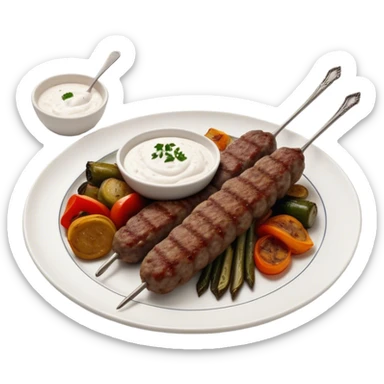 Cinematic Realistic image of a long, hand shaped Turkish Köfte, rendered with richly spiced meat textures and subtle grill marks, artfully arranged on a traditional Turkish ceramic plate alongside classic sides such as a serving of aromatic pilaf, crisp grilled vegetables, and a dollop of creamy yogurt, all bathed in warm, appetizing lighting that emphasizes its savory allure. sticker
