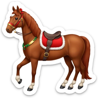a christmas brown horse with a red saddle sticker