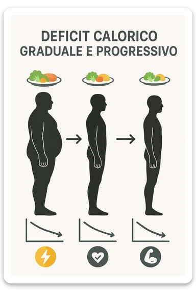 una sequenza di tre sagome umane affiancate, ognuna rappresenta una fase diversa di perdita di peso graduale. Sopra ogni figura, un piatto mostra porzioni di cibo bilanciate ma leggermente ridotte. Frecce e grafici illustrano una diminuzione lenta e costante dell’apporto calorico giornaliero, con icone che rappresentano energia, salute e mantenimento della massa muscolare. Sfondo pulito e moderno, con etichette chiare che spiegano “deficit calorico graduale e progressivo” in italiano sticker