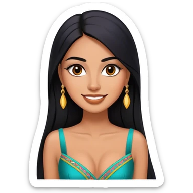 beautiful fit tall woman, with long straight black hair, with make up, black eye liner, smile mooth close, mexican, brown skin, wearing beautiful couture outfit, flirting sticker