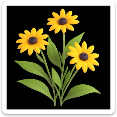 three yellow rudbeckia flowers with green leaves, 3D iOS style, bright colors, realistic light and shadow, white background sticker