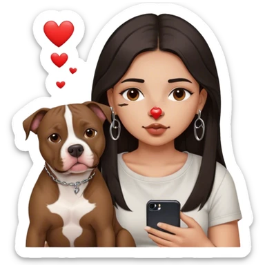 Young girl, with long dark hair,chop you around her face holds her phone sitting by her pitbull. She has a small septum ring in her nose and heart fly all around her. sticker