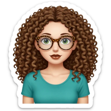 a blue green eyed woman with very very long brunette curly hair, full lips,and pale skin. She is wearing a leopard printed thin round-ish glasses . She is wearing a brown tshirt with a wide neck opening. sticker